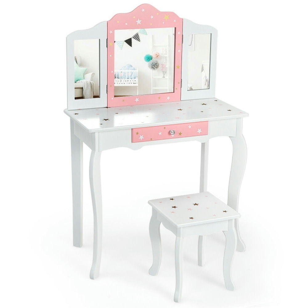 Hommoo Kids Princess Vanity Table and Stool Set with Tri-folding Mirror and Drawer-White, Kids Makeup Vanity for Girls Image 4