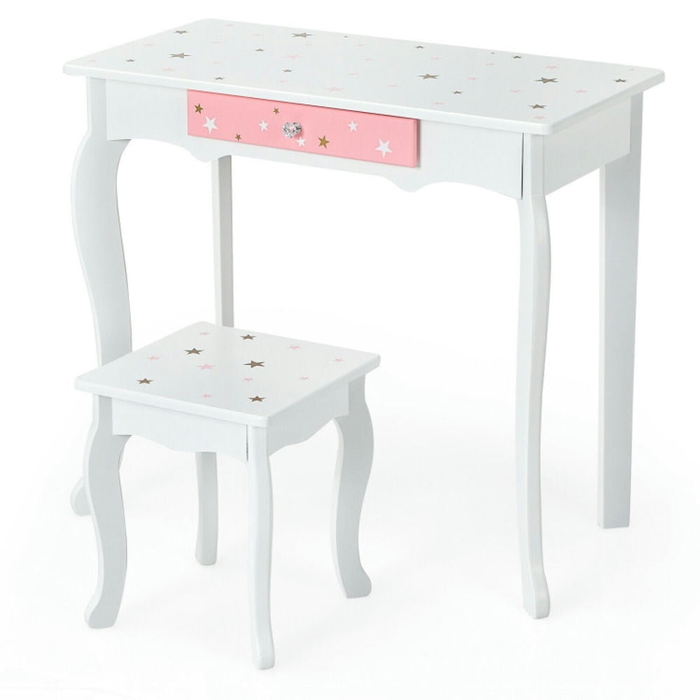 Hommoo Kids Princess Vanity Table and Stool Set with Tri-folding Mirror and Drawer-White, Kids Makeup Vanity for Girls Image 5