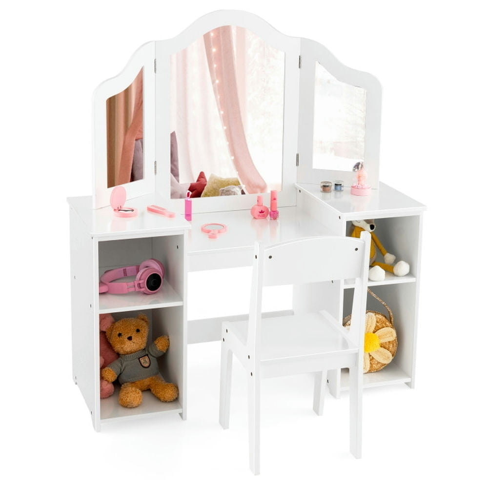 Hommoo Kids Vanity Table and Chair Set with Removable Tri-Folding Mirror-White, Kids Makeup Vanity for Girls Kids Image 2