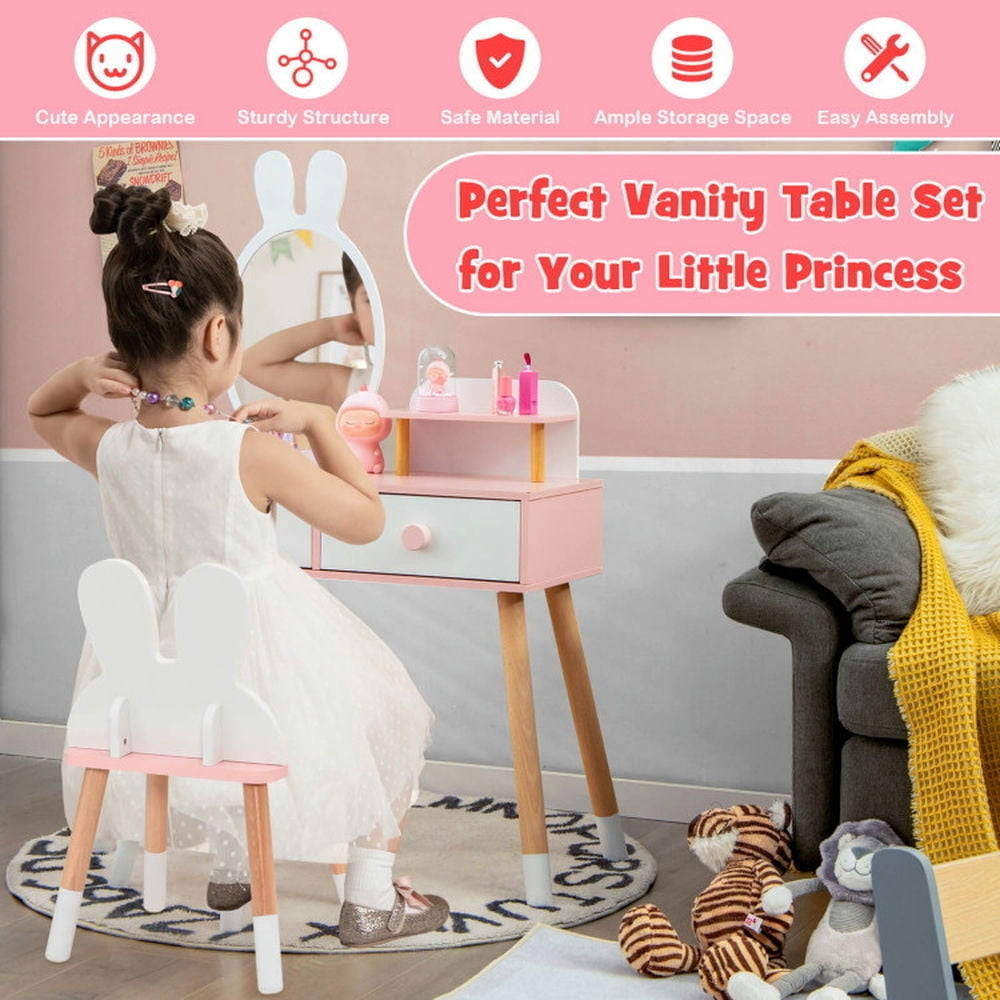 Hommoo Kids Vanity Table and Chair Set with Drawer Shelf and Rabbit Mirror-White, Kids Makeup Vanity for Girls Kids Image 2