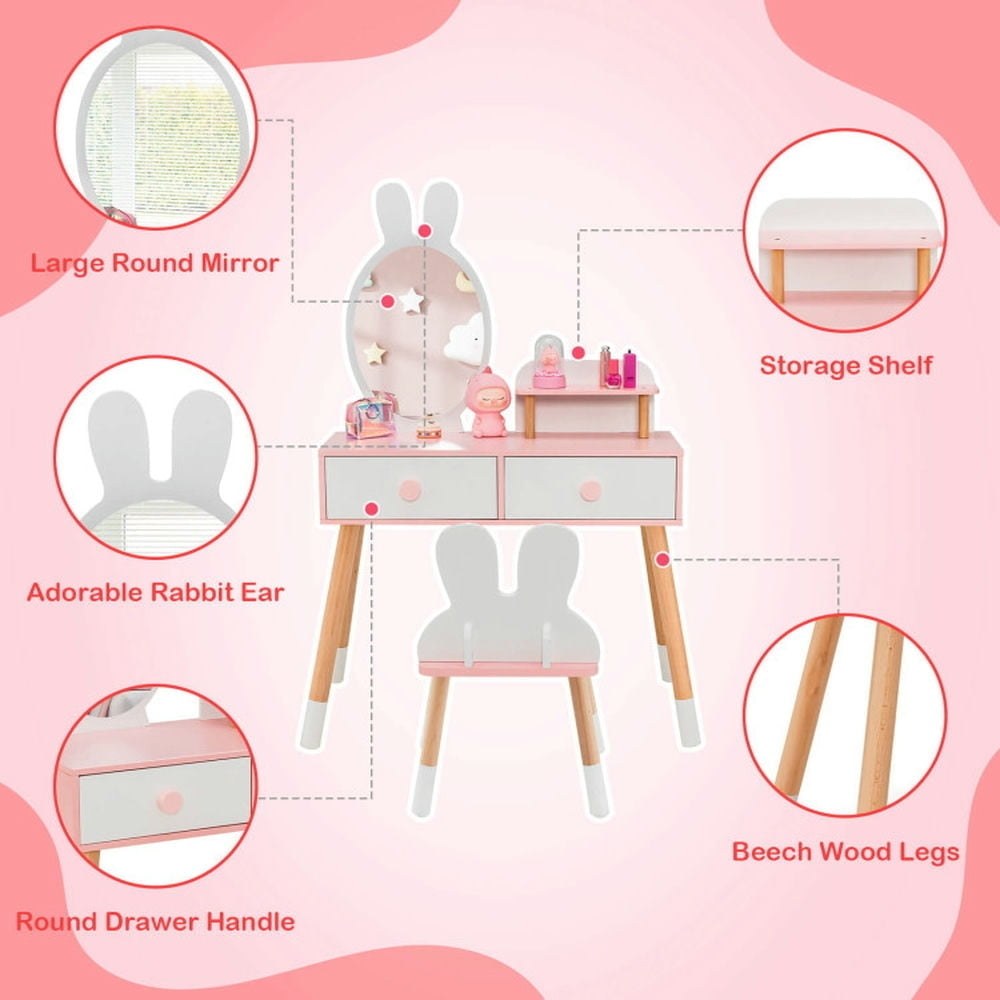 Hommoo Kids Vanity Table and Chair Set with Drawer Shelf and Rabbit Mirror-White, Kids Makeup Vanity for Girls Kids Image 3