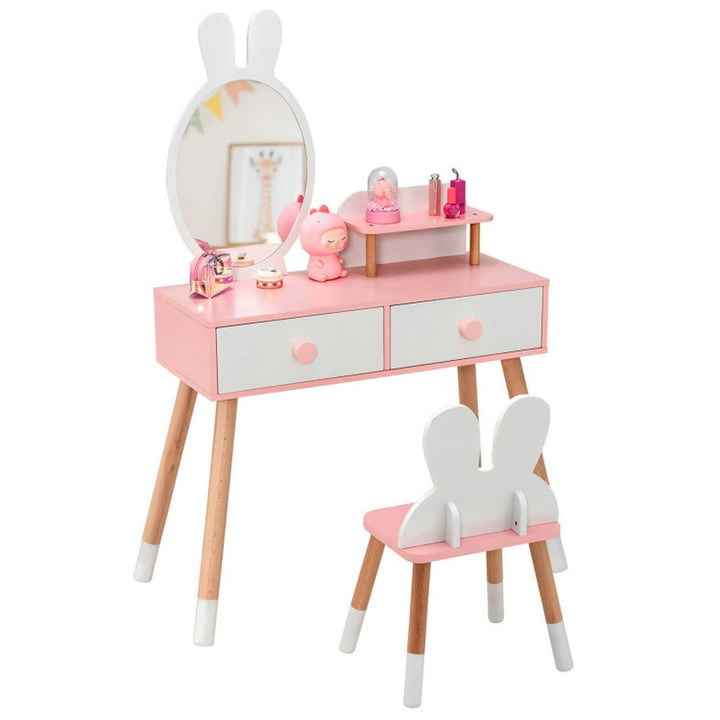 Hommoo Kids Vanity Table and Chair Set with Drawer Shelf and Rabbit Mirror-White, Kids Makeup Vanity for Girls Kids Image 4