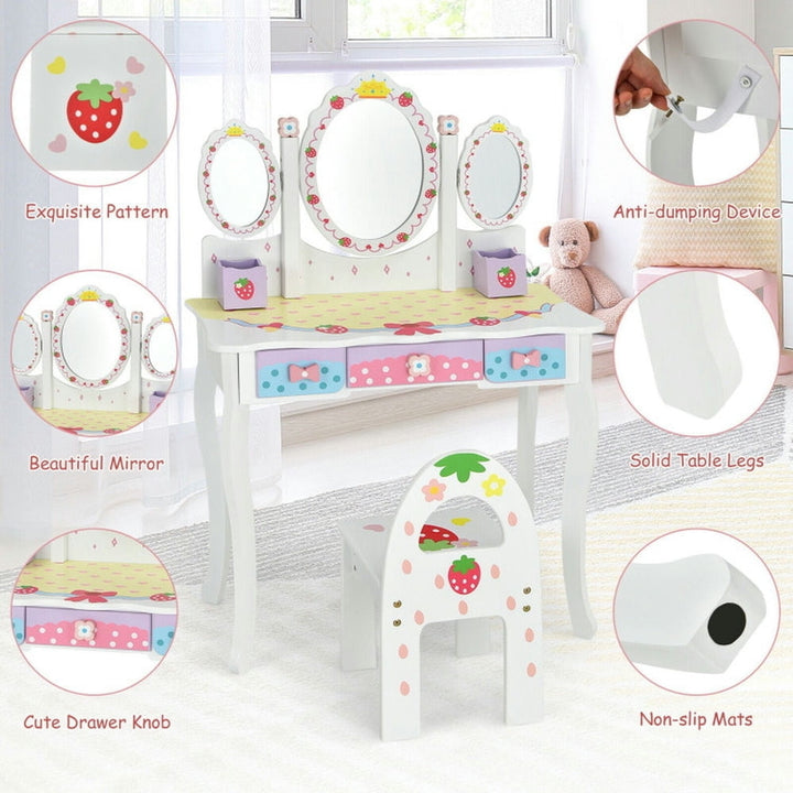 Hommoo Kids Vanity Princess Makeup Dressing Table Chair Set with Tri-fold Mirror-White, Kids Makeup Vanity for Girls Image 3