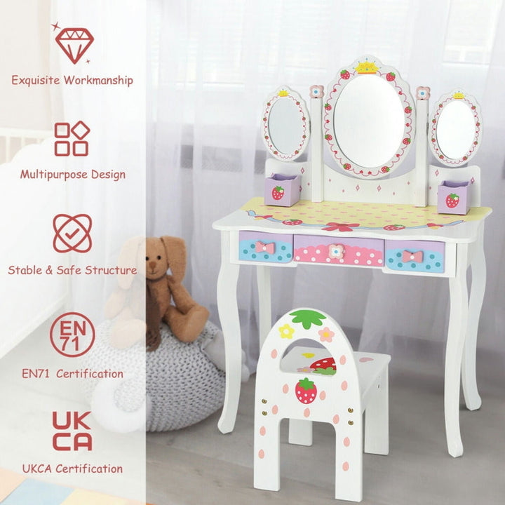 Hommoo Kids Vanity Princess Makeup Dressing Table Chair Set with Tri-fold Mirror-White, Kids Makeup Vanity for Girls Image 4