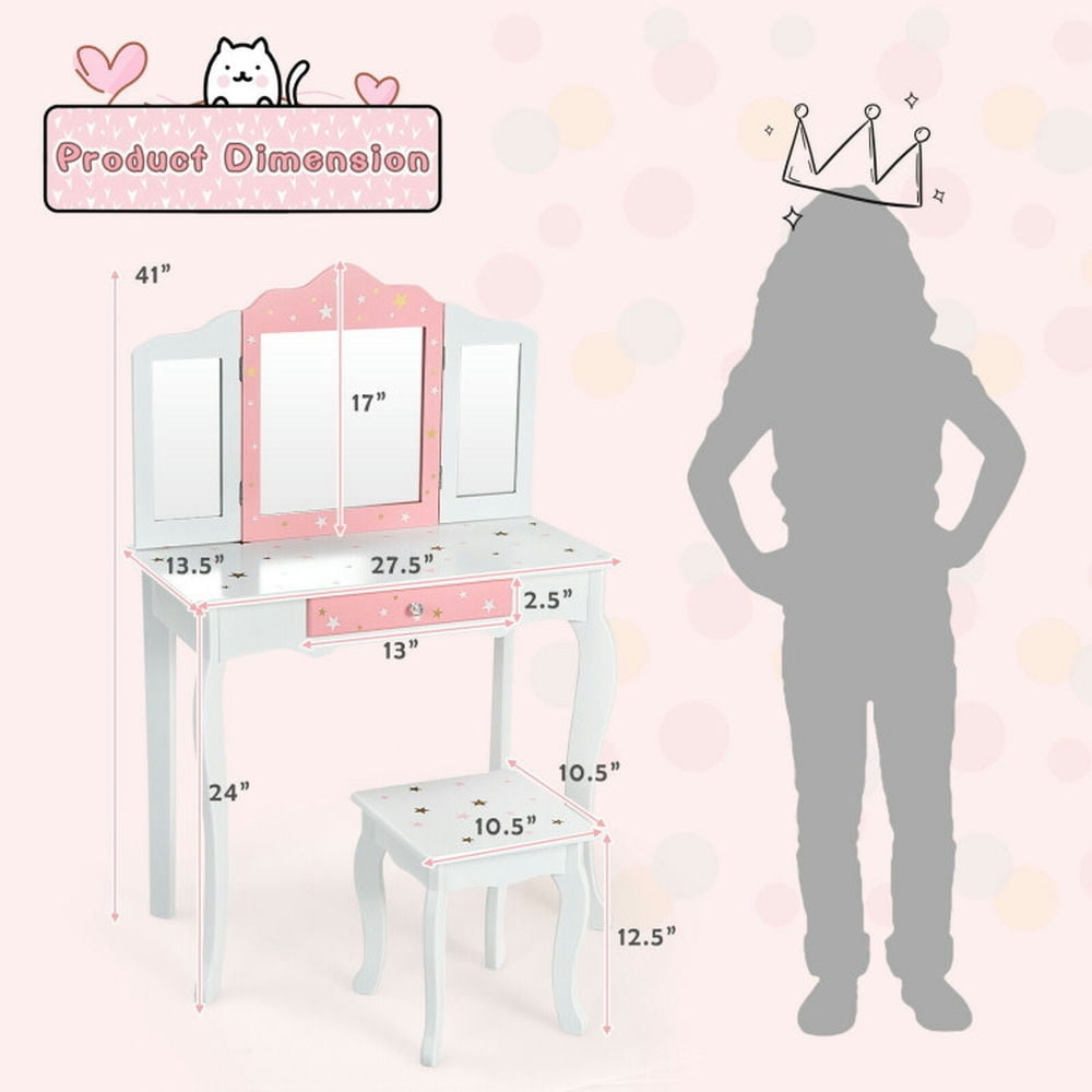 Hommoo Kids Princess Vanity Table and Stool Set with Tri-folding Mirror and Drawer-White, Kids Makeup Vanity for Girls Image 7