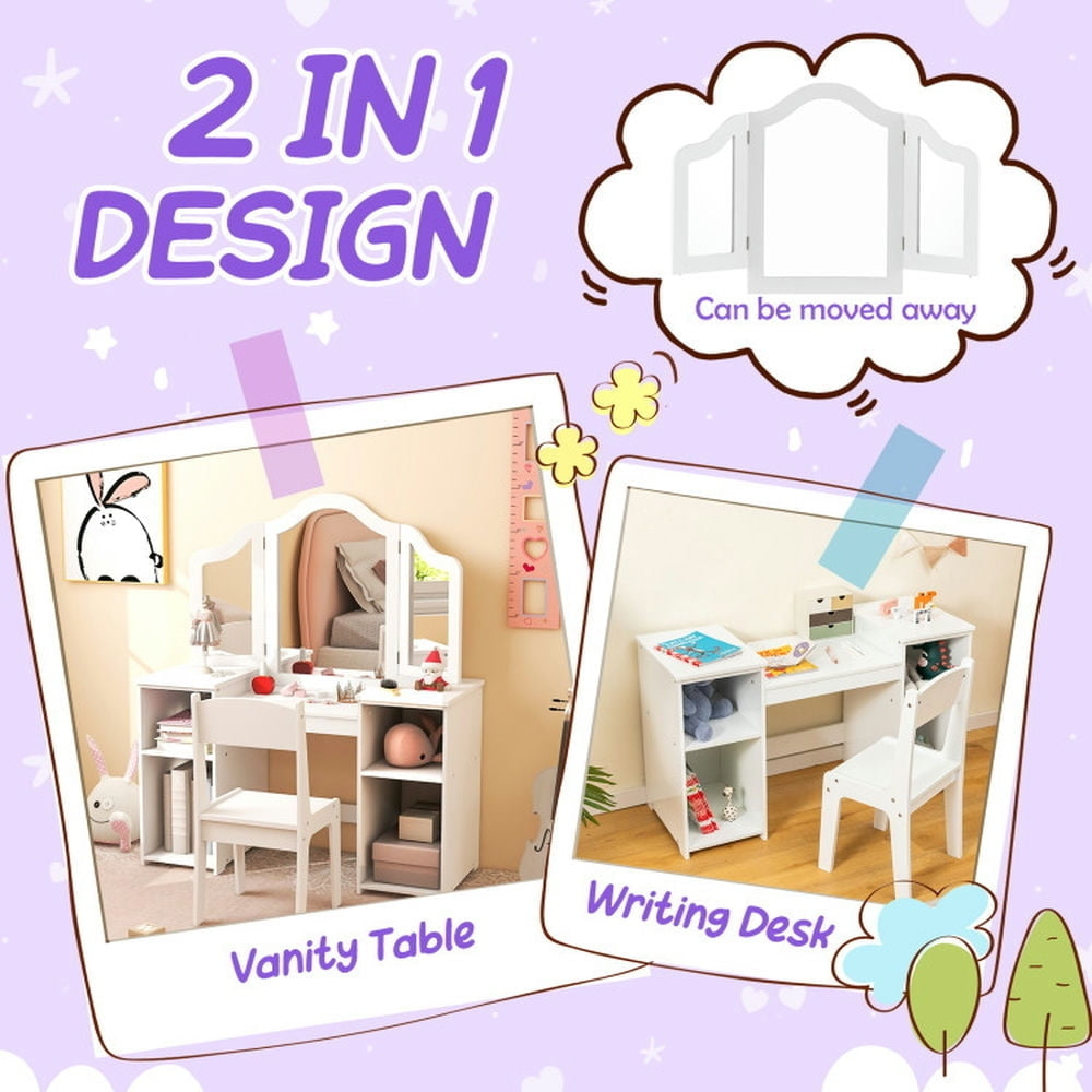 Hommoo Kids Vanity Table and Chair Set with Removable Tri-Folding Mirror-White, Kids Makeup Vanity for Girls Kids Image 4