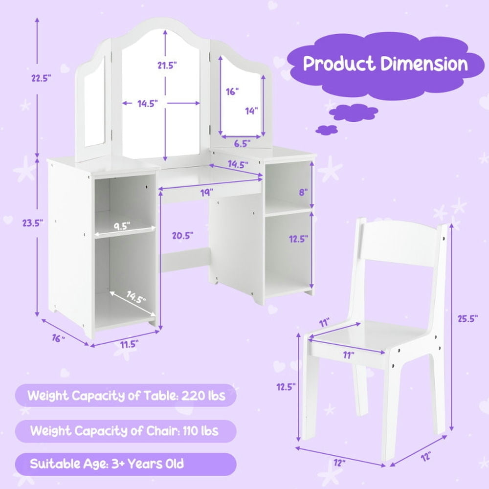 Hommoo Kids Vanity Table and Chair Set with Removable Tri-Folding Mirror-White, Kids Makeup Vanity for Girls Kids Image 5