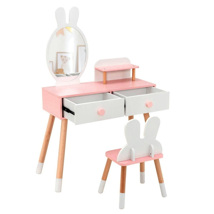 Hommoo Kids Vanity Table and Chair Set with Drawer Shelf and Rabbit Mirror-White, Kids Makeup Vanity for Girls Kids Image 6