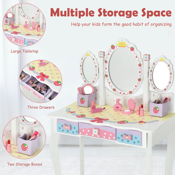 Hommoo Kids Vanity Princess Makeup Dressing Table Chair Set with Tri-fold Mirror-White, Kids Makeup Vanity for Girls Image 5