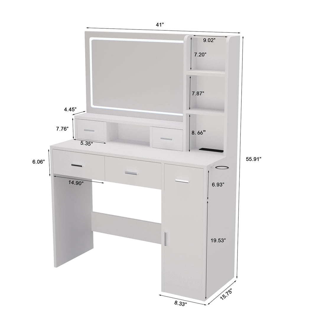 Hommoo Makeup Vanity Desk with Lights and Charging Station, Vanity Set Makeup Table, White Image 5