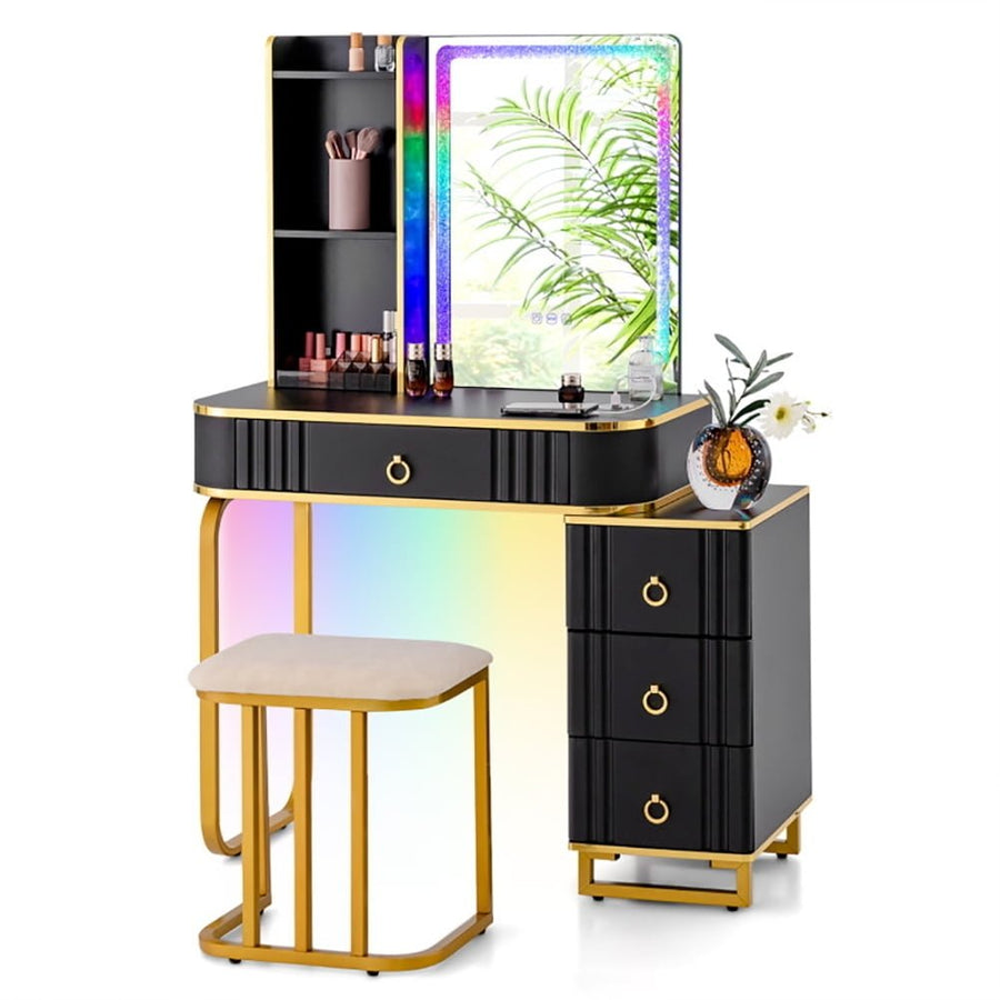 Hommoo Makeup Vanity Desk with Mirror and LED Lights, Vanity Table Set with Storage Shelves and Drawers, Wireless Image 1