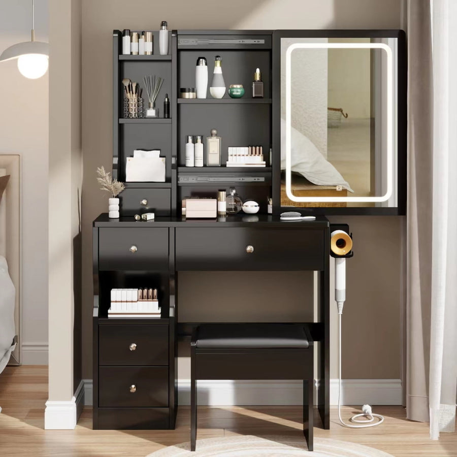 Hommoo Small Vanity with Adjustable Brightness Mirror for Samll Spaces, Makeup Vanity Desk with Drawers, Black Image 1