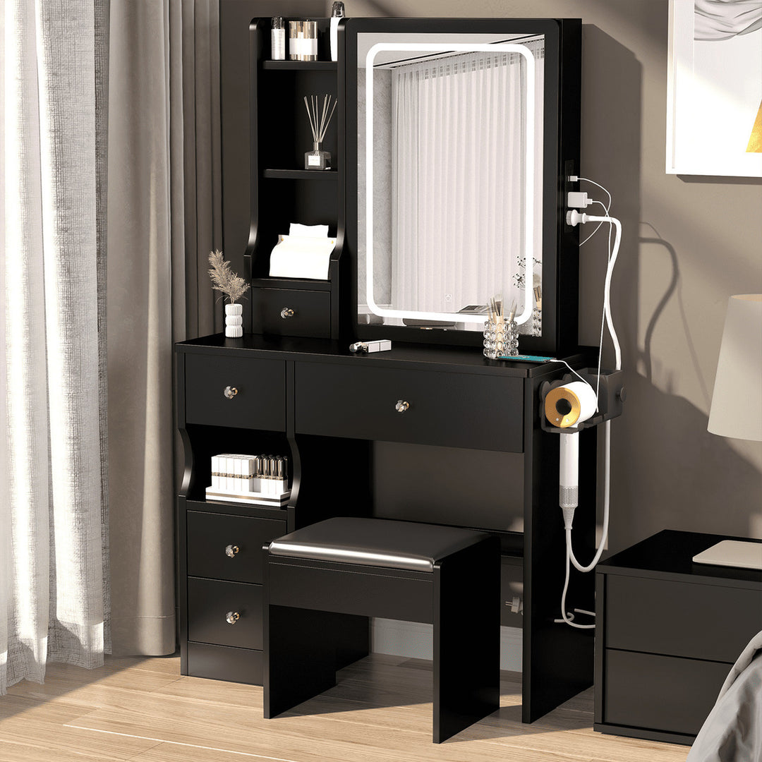 Hommoo Small Vanity with Adjustable Brightness Mirror for Samll Spaces, Makeup Vanity Desk with Drawers, Black Image 3