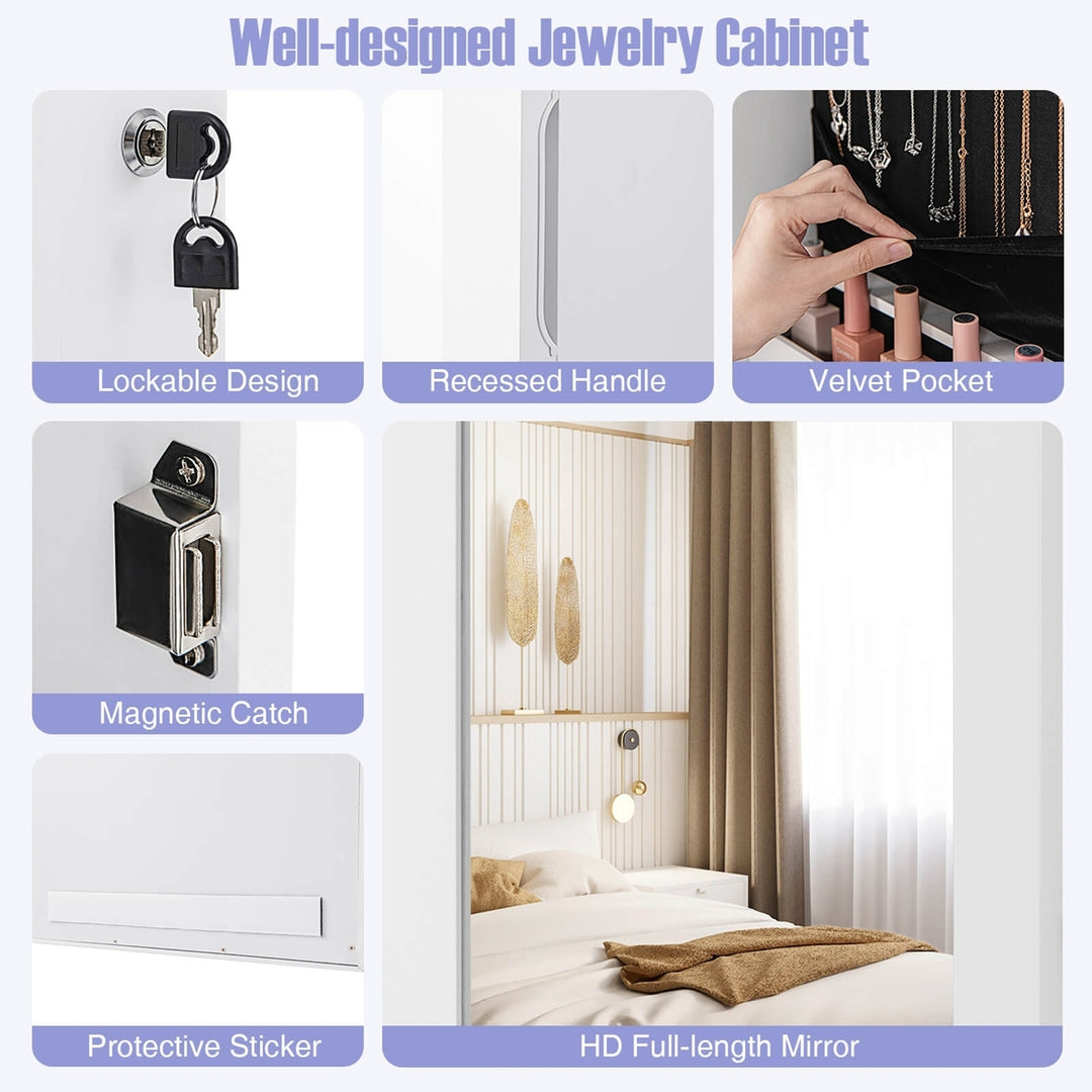 Wall Mount Mirrored Jewelry Cabinet Organizer w/LED Lights Image 6