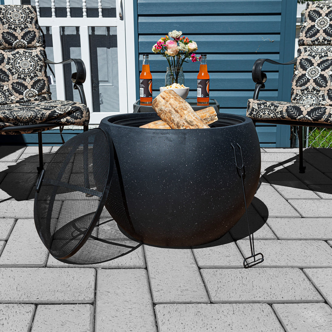 Outdoor Fire Pit - 24 Round Faux Concrete Firepit - Wood Burning Fire Pit with Poker, Screen, Cover - Wood Fire Pits Image 2