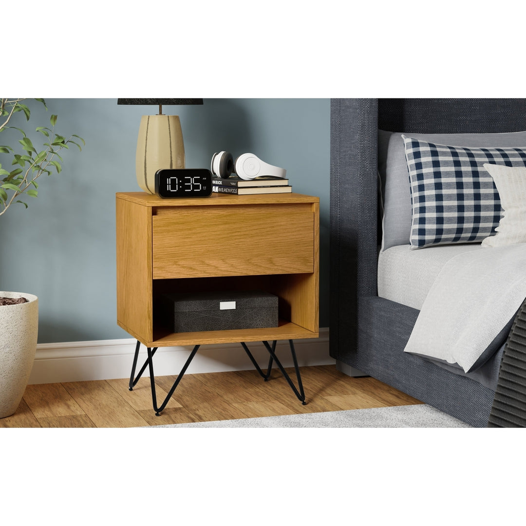 Hunter Nightstand Oak Wood Modern Industrial Storage Table with Drawer and Legs Image 2