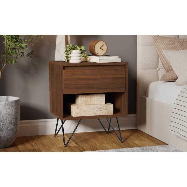 Hunter Nightstand Table Walnut Modern Industrial Solid Wood with Drawer and Storage Image 2