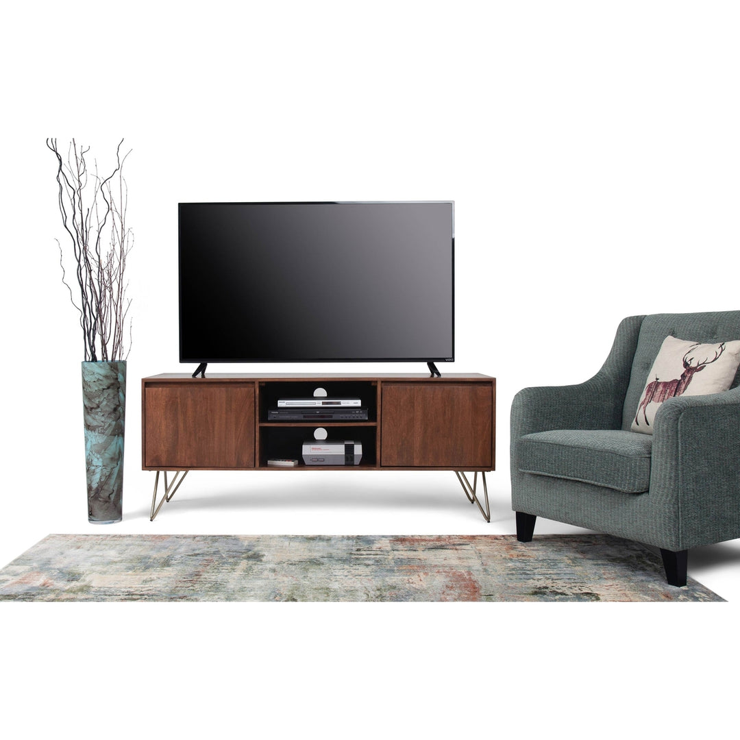 Hunter 60 Inch Mango Wood TV Media Stand with Metal Hairpin Legs Storage Image 3