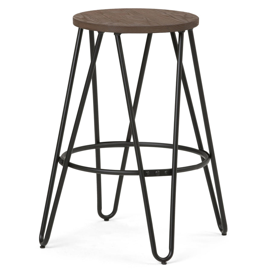 Simeon Counter Stool Industrial Style Solid Wood Seat Black Hairpin Legs 24" H Image 1