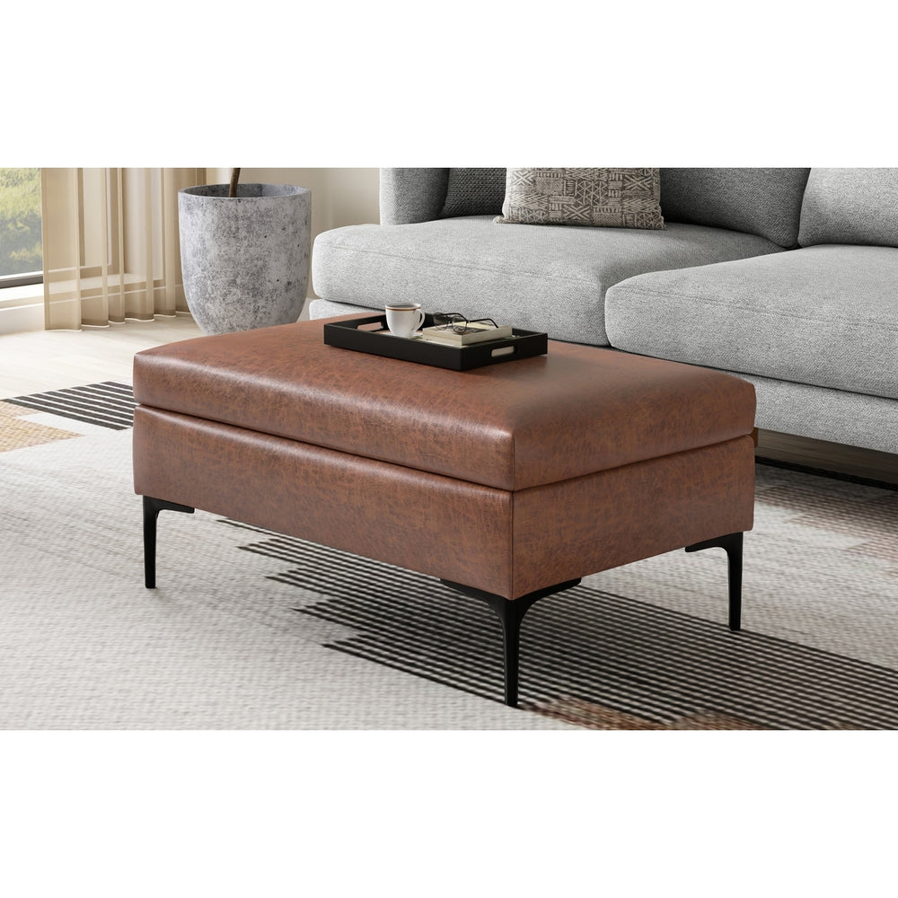 Rebecca Rectangular Coffee Table Storage Ottoman with Lift Up in Distressed Vegan Leather Image 2