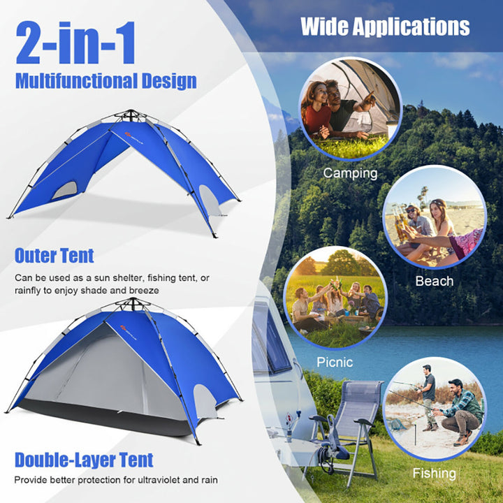 Hommoo 2-in-1 4 Person Instant Pop-up Waterproof Camping Tent-Blue, Beach Shade Tent, Easy Pop Up Beach Shade Beach Tent Image 4