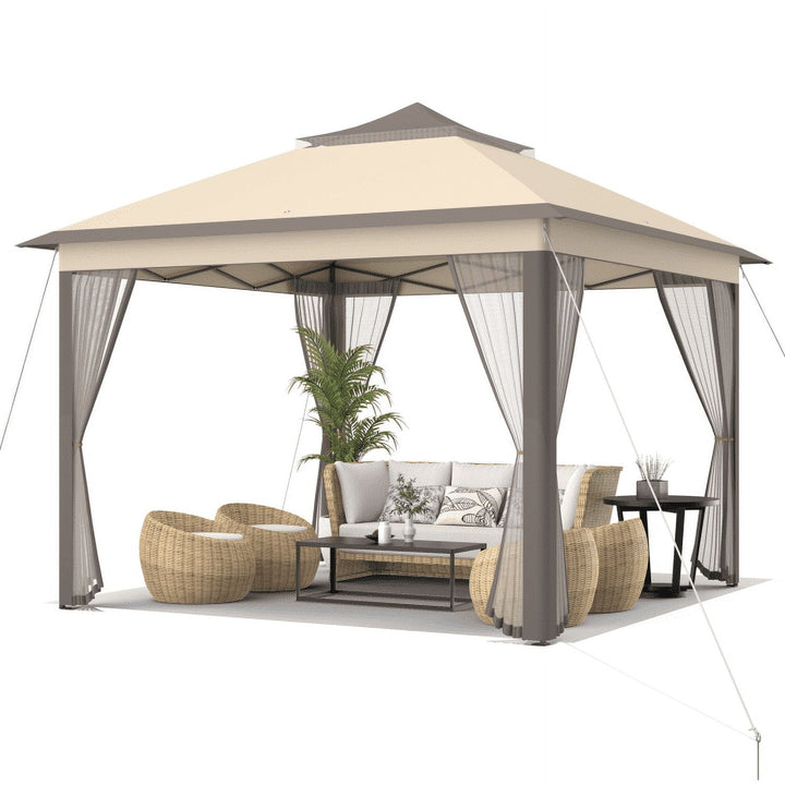 Hommoo 11 x 11 Feet 2-Tier Pop-Up Gazebo Tent Portable Canopy Shelter Carry Bag Mesh-Brown,for Outside Party Waterproof Image 1