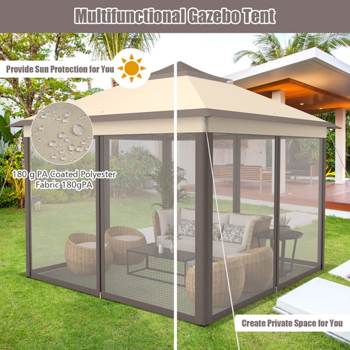 Hommoo 11 x 11 Feet 2-Tier Pop-Up Gazebo Tent Portable Canopy Shelter Carry Bag Mesh-Brown,for Outside Party Waterproof Image 2