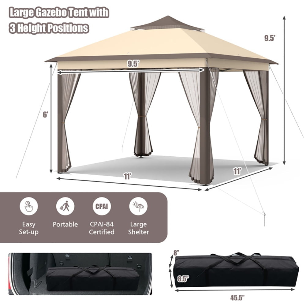 Hommoo 11 x 11 Feet 2-Tier Pop-Up Gazebo Tent Portable Canopy Shelter Carry Bag Mesh-Brown,for Outside Party Waterproof Image 6