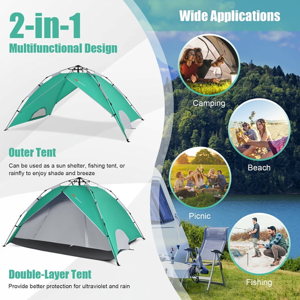 Hommoo 2-in-1 4 Person Instant Pop-up Waterproof Camping Tent-Green, Beach Shade Tent, Easy Pop Up Beach Shade Beach Image 2