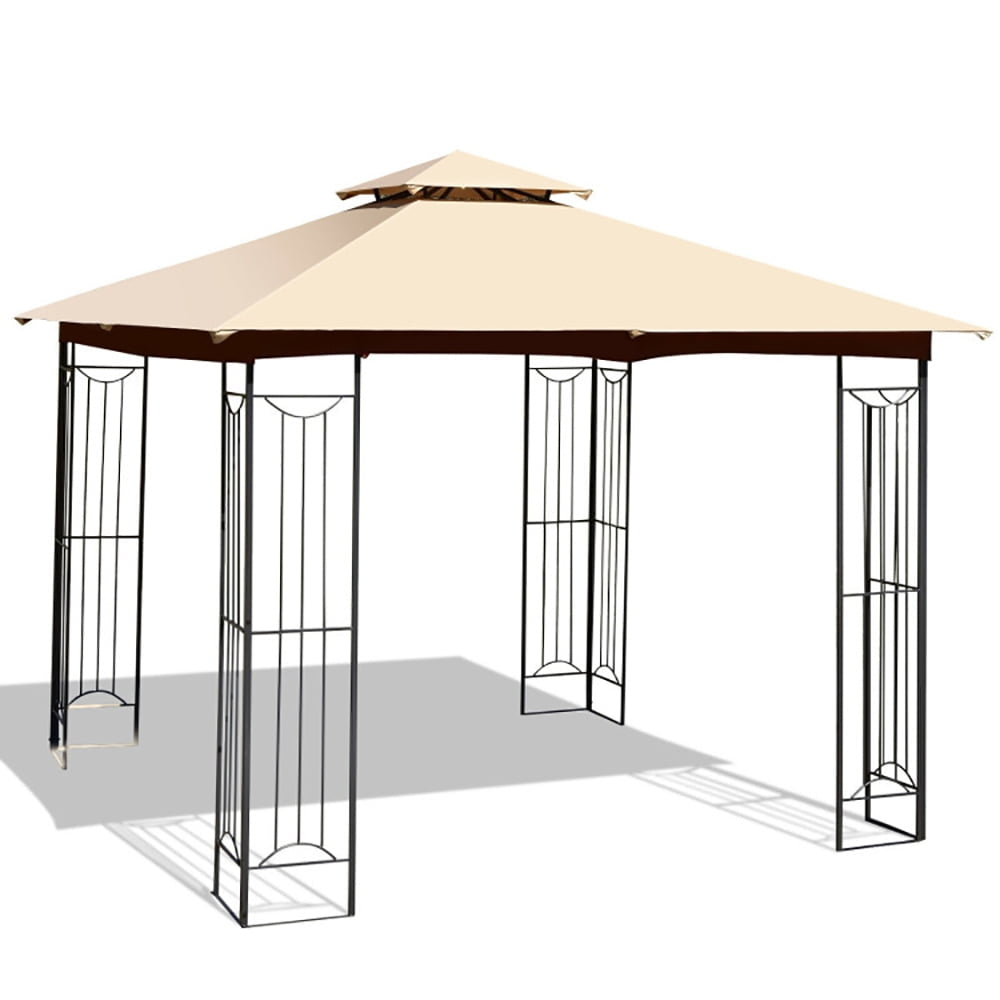 Hommoo 10 x 10 Feet L-Shaped Patio Canopy Gazebo Outdoor 2-Tier Steel Tent-Beige,for Outside Party Waterproof Tent Image 1