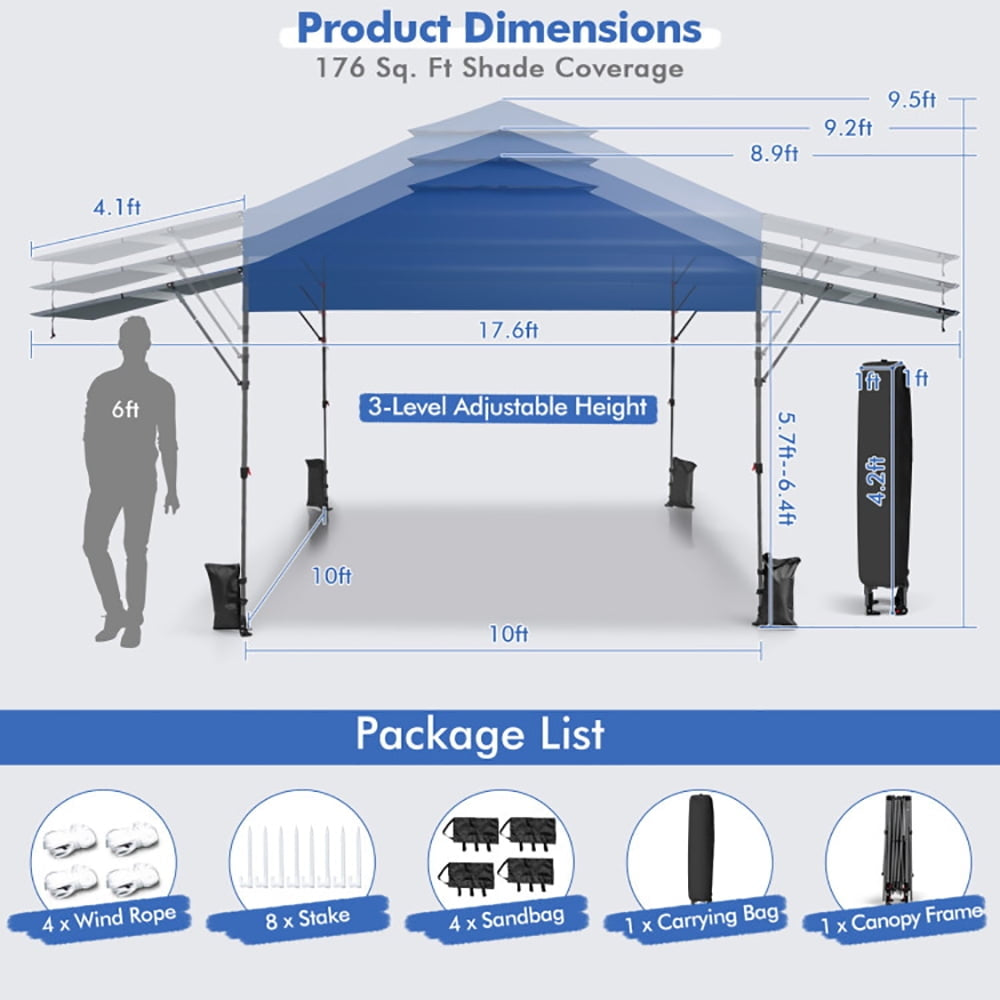 Hommoo 10 x 17.6 Feet Outdoor Instant Pop-up Canopy Tent with Dual Half Awnings-Blue,for Outside Party Waterproof Tent Image 2