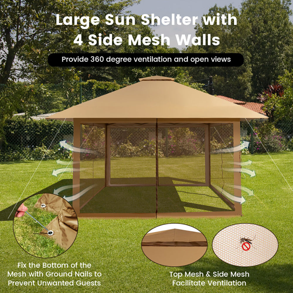 Hommoo 13 x 13 Feet Pop-up Instant Canopy Tent with Mesh Sidewall-Coffee, Hardtop Roof for Garden,Backyard Shade Image 2