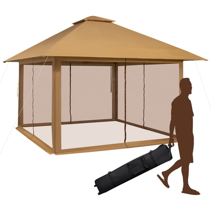 Hommoo 13 x 13 Feet Pop-up Instant Canopy Tent with Mesh Sidewall-Coffee, Hardtop Roof for Garden,Backyard Shade Image 3