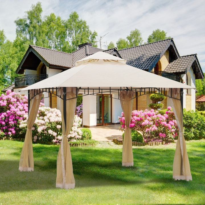 Canopy Gazebo 10x10 ft. Tent Sun Shade Shelter with Mesh Netting for Backyard Garden Patio Beige Image 2