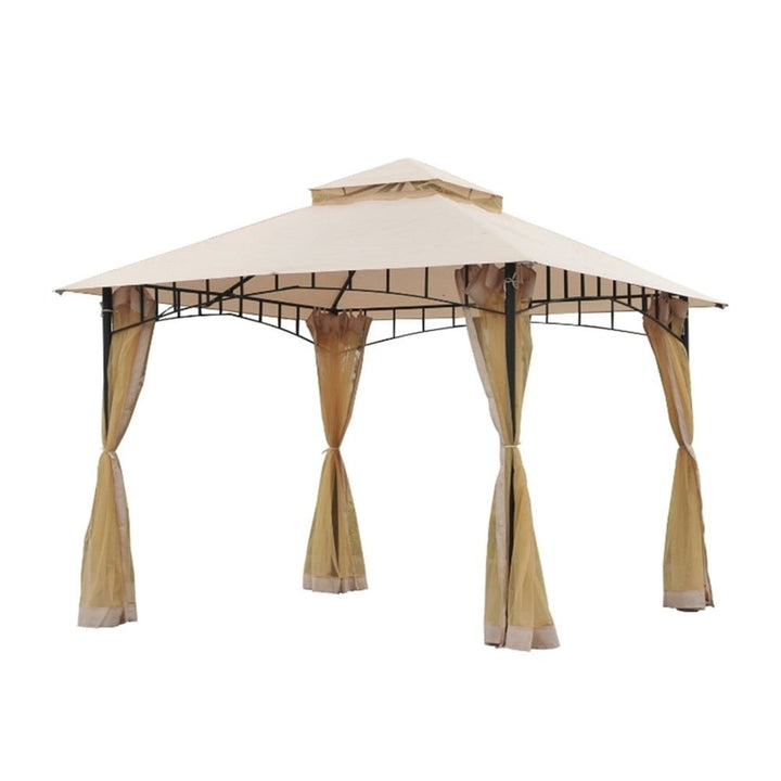 Canopy Gazebo 10x10 ft. Tent Sun Shade Shelter with Mesh Netting for Backyard Garden Patio Beige Image 3