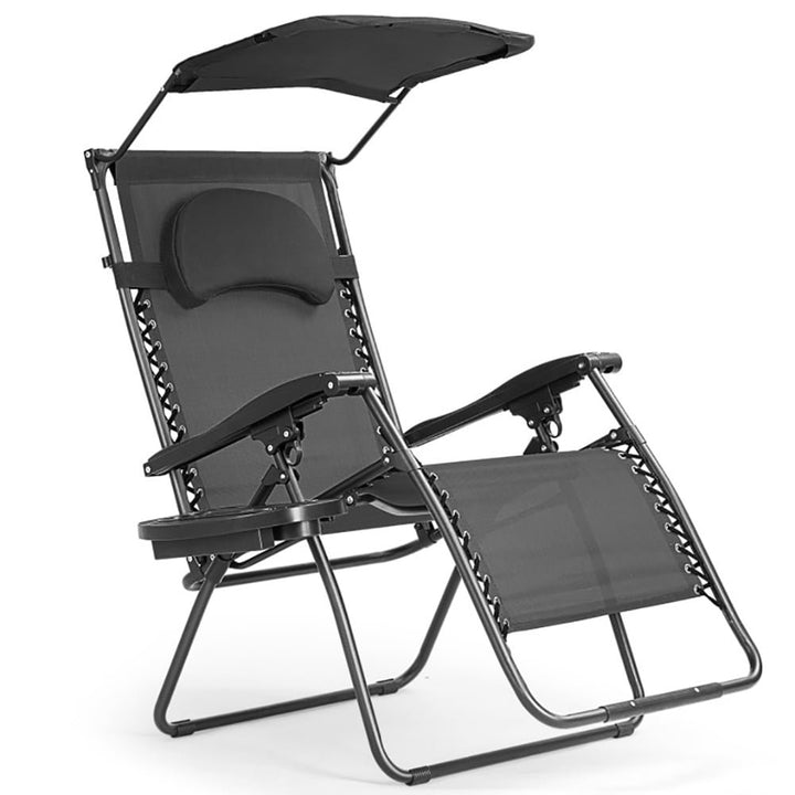 Hommoo Folding Recliner Lounge Chair with Shade Canopy Cup Holder-Black, Folding Beach Chair for Outdoor, Lawn, Trip, Image 1