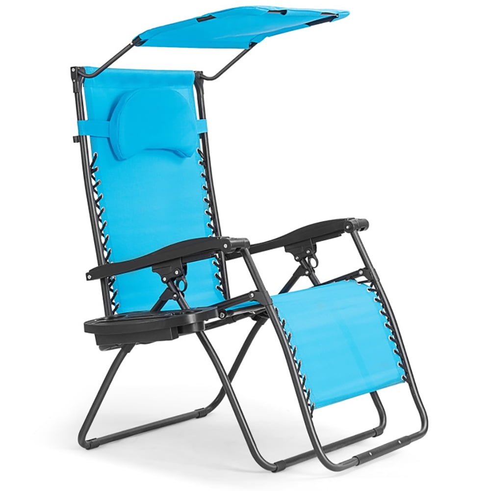 Hommoo Folding Recliner Lounge Chair with Shade Canopy Cup Holder-Blue, Folding Beach Chair for Outdoor, Lawn, Trip, Image 1