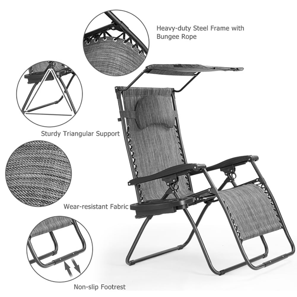 Hommoo Folding Recliner Lounge Chair with Shade Canopy Cup Holder-Gray, Folding Beach Chair for Outdoor, Lawn, Trip, Image 4