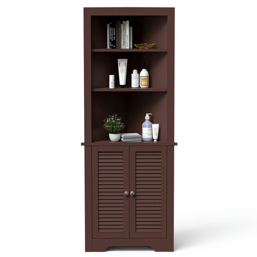 Hommoo Free Standing Tall Bathroom Corner Storage Cabinet with 3 Shelves-Brown Image 1