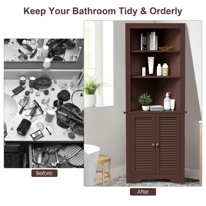 Hommoo Free Standing Tall Bathroom Corner Storage Cabinet with 3 Shelves-Brown Image 2