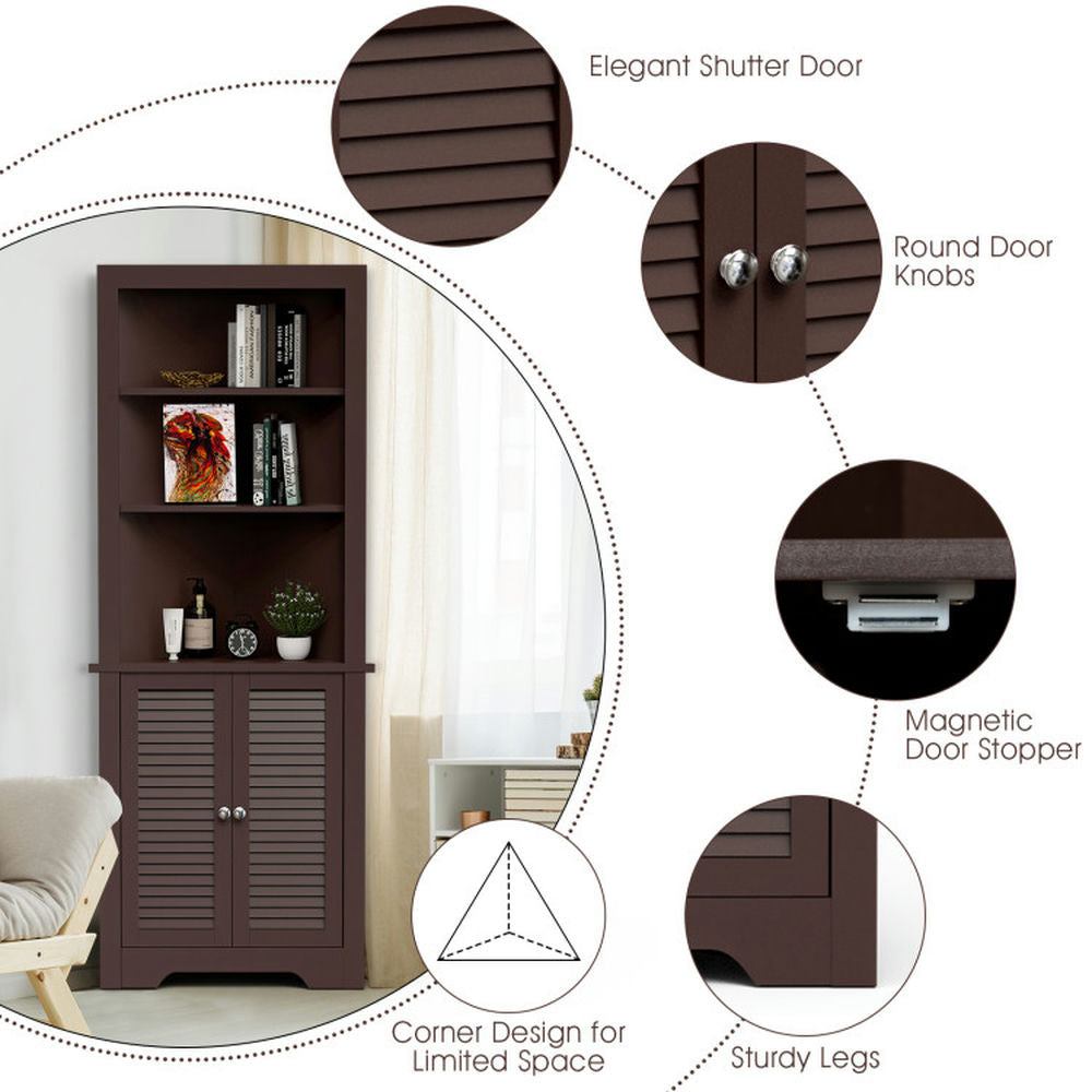 Hommoo Free Standing Tall Bathroom Corner Storage Cabinet with 3 Shelves-Brown Image 3