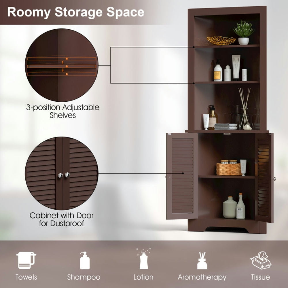 Hommoo Free Standing Tall Bathroom Corner Storage Cabinet with 3 Shelves-Brown Image 4