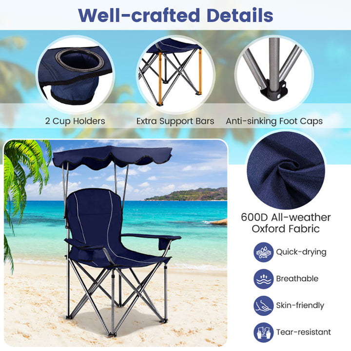 Hommoo Portable Folding Beach Canopy Chair with Cup Holders-Blue, Outdoor Camping Chairs for Adult Hiking Fishing Beach Image 4