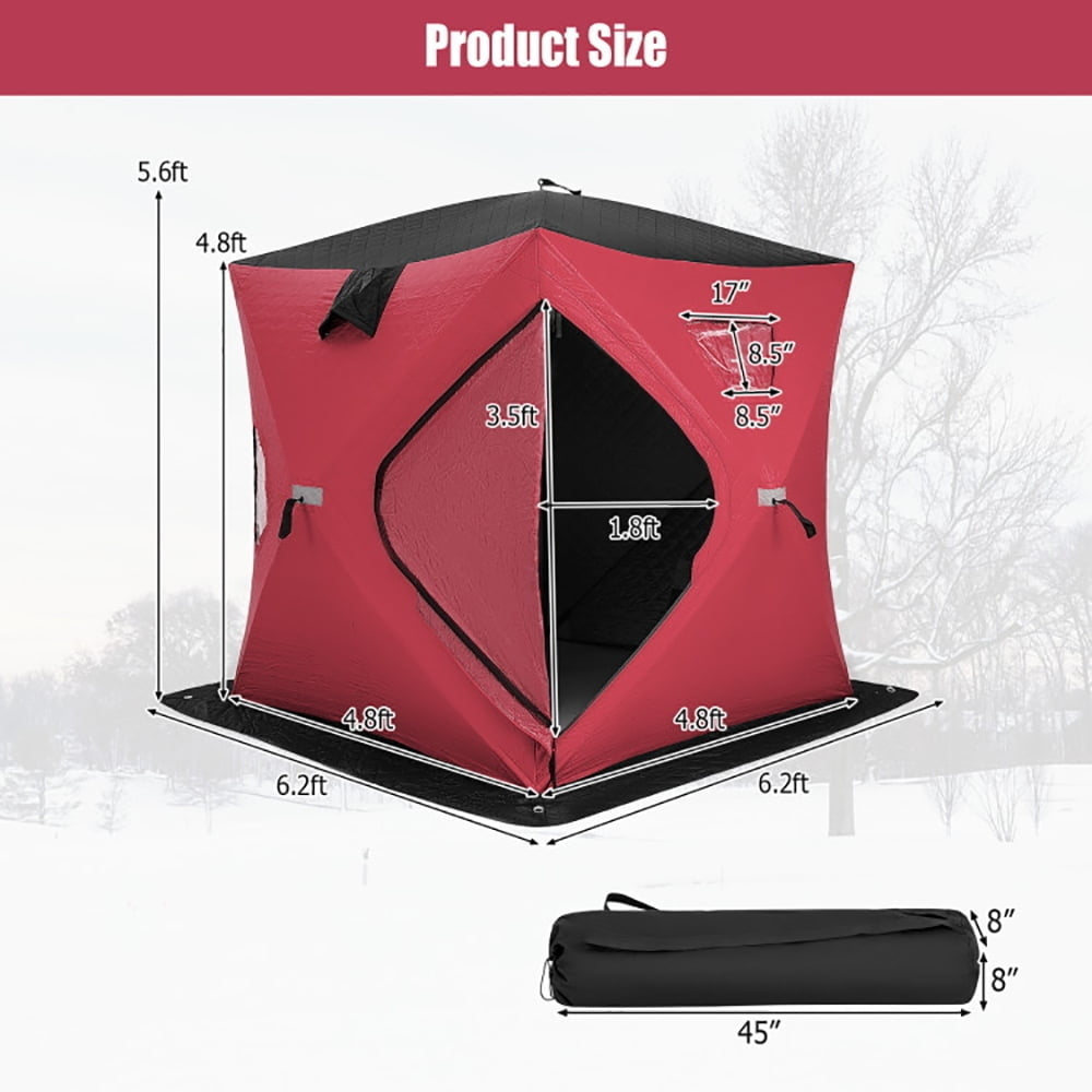 Hommoo Portable 2 Person Ice Shanty with Cotton Padded Walls-Red, Beach Shade Tent, Easy Pop Up Beach Shade Beach Tent Image 2