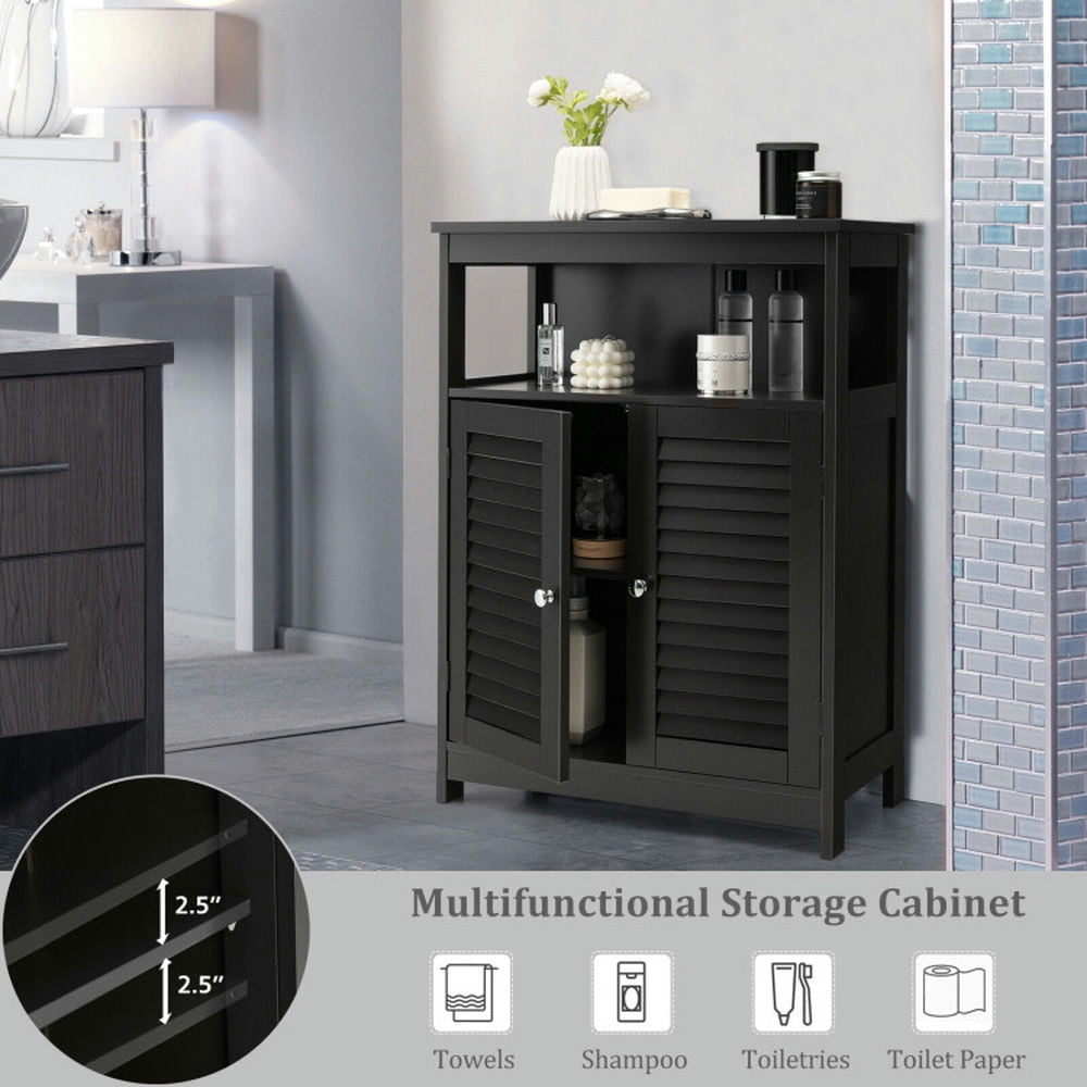 Hommoo Wood Freestanding Bathroom Storage Cabinet with Double Shutter Door-Black Image 5