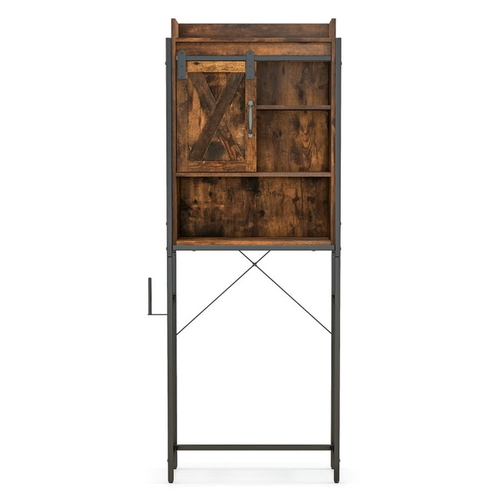 Hommoo 4-Tier Multifunctional Toilet Sorage Cabinet with Adjustable Shelf and Sliding Barn Door-Rustic Brown, Bathroom Image 1