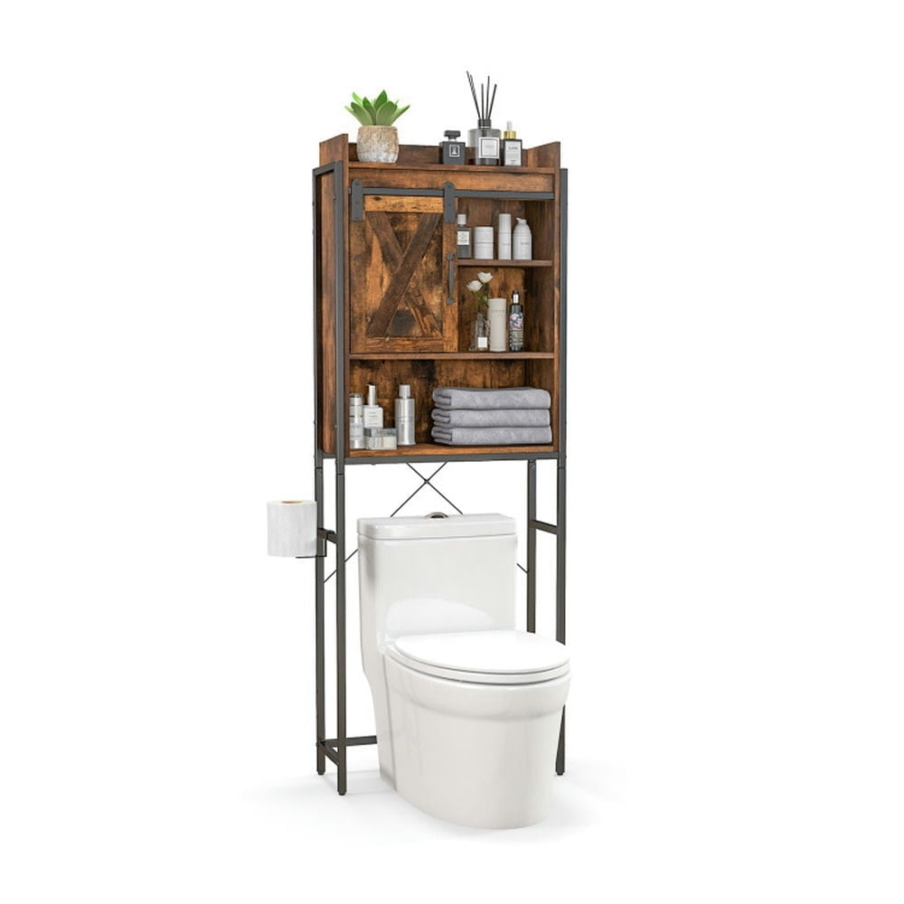 Hommoo 4-Tier Multifunctional Toilet Sorage Cabinet with Adjustable Shelf and Sliding Barn Door-Rustic Brown, Bathroom Image 4