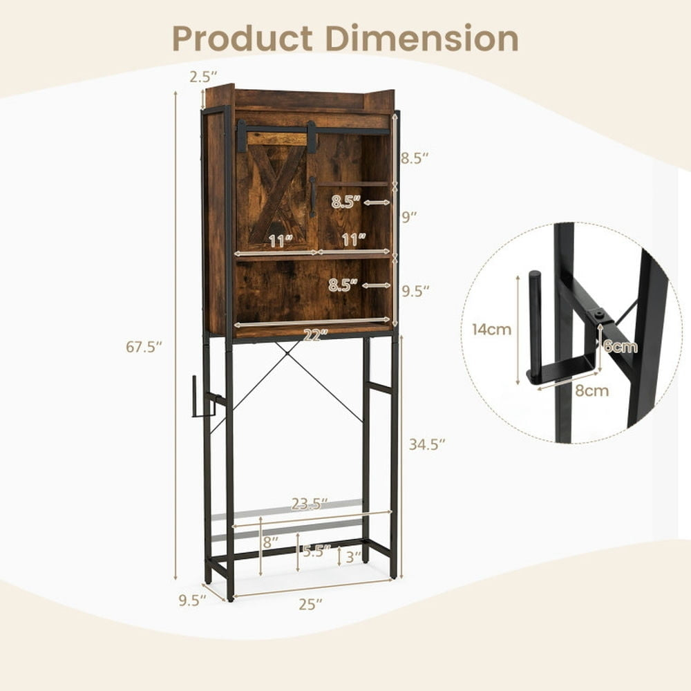 Hommoo 4-Tier Multifunctional Toilet Sorage Cabinet with Adjustable Shelf and Sliding Barn Door-Rustic Brown, Bathroom Image 5