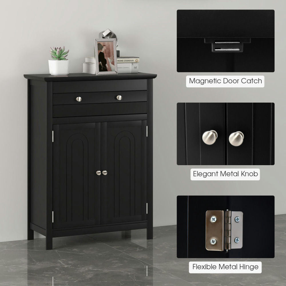 Hommoo 2-Door Freestanding Bathroom Cabinet with Drawer and Adjustable Shelf-Black Image 2