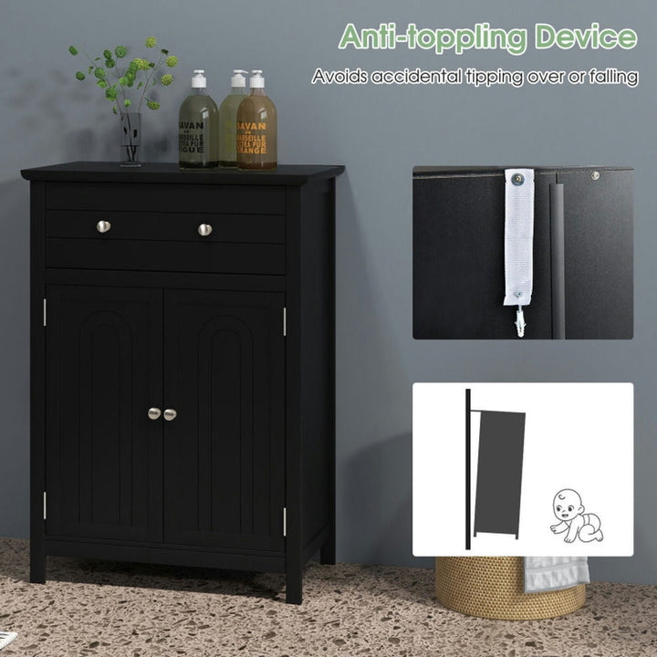 Hommoo 2-Door Freestanding Bathroom Cabinet with Drawer and Adjustable Shelf-Black Image 3